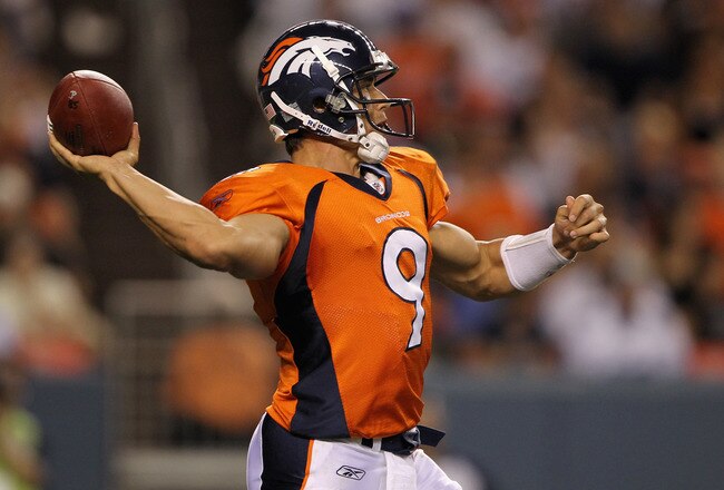 DENVER - AUGUST 21:  Quarterback Brady Quinn #9 of the Denver Broncos delivers a pass against the Detroit Lions during preseason NFL action at INVESCO Field at Mile High on August 21, 2010 in Denver, Colorado. The Lions defeated the Broncos 25-20.  (Photo by Doug Pensinger/Getty Images)
