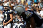 SAN DIEGO, CA - AUGUST 11:  Quarterback Philip Rivers #17 of the San Diego Chargers calls plays at the line of scrimmage against the Seattle Seahawks during their  NFL preseason game on August 11, 2011 at Qualcomm Stadium in San Diego, California. (Photo by Donald Miralle/Getty Images)