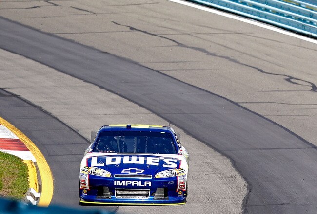WATKINS GLEN, NY - AUGUST 12: Jimmie Johnson drives the #48 Lowe's Chevrolet during practice for the NASCAR Sprint Cup Series Heluva Good! Sour Cream Dips at the Glen at Watkins Glen International on August 12, 2011 in Watkins Glen, New York.  (Photo by Geoff Burke/Getty Images for NASCAR)