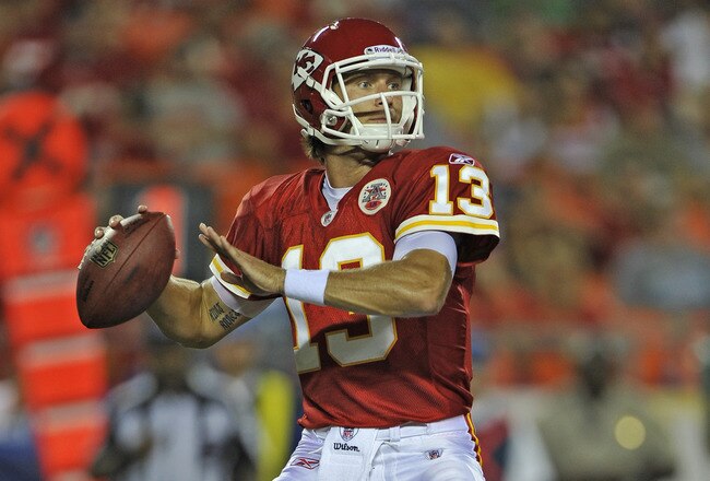 KANSAS CITY, MO - AUGUST 12:  Quarterback Ricky Stanzi #13 of the Kansas City Chiefs drops back to pass against the Tampa Bay Buccaneers during the first half on August 12, 2011 at Arrowhead Stadium in Kansas City, Missouri.  (Photo by Peter Aiken/Getty Images)