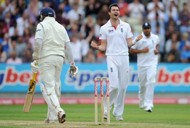 BIRMINGHAM, ENGLAND - AUGUST 13:  James Anderson of England celebrates dismissing VVS Laxman during day four of the 3rd npower test between England and India at Edgbaston on August 13, 2011 in Birmingham, England.  (Photo by Gareth Copley/Getty Images)