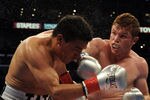 LOS ANGELES, CA - SEPTEMBER 18:  Saul Alvarez of Mexico hits Carlos Baldomir of Argentina in the WBC Super Welterweight Silver Title fight at Staples Center on September 18, 2010 in Los Angeles, California.  (Photo by Harry How/Getty Images)