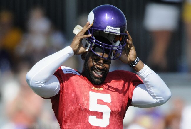 MANKATO, MN - AUGUST 4:  Donovan McNabb #5 of the Minnesota Vikings smiles as he puts on his helmet soon after the NFLPA ratified the new CBA during Vikings' training camp at Minnesota State University on August 4, 2011 in Mankato, Minnesota. (Photo by Hannah Foslien/Getty Images)