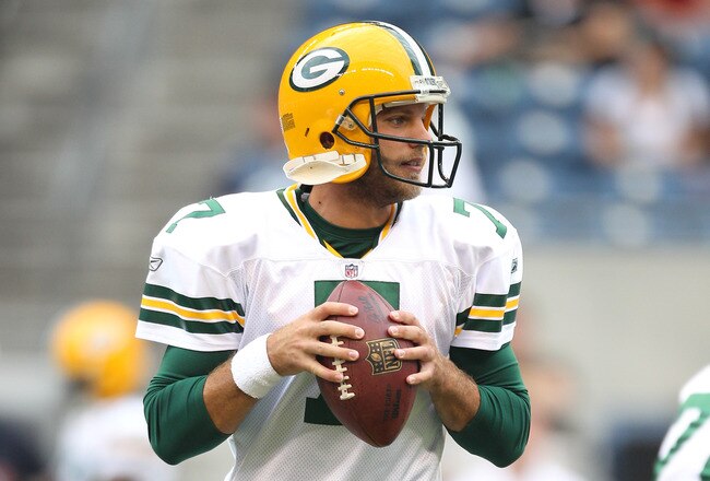 SEATTLE - AUGUST 21:  Quarterback Graham Harrell #7 of the Green Bay Packers warms up prior to the preseason game against the Seattle Seahawks at Qwest Field on August 21, 2010 in Seattle, Washington. (Photo by Otto Greule Jr/Getty Images)