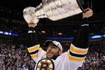 VANCOUVER, BC - JUNE 15:  Milan Lucic #17 of the Boston Bruins celebrates with the Stanley Cup after defeating the Vancouver Canucks in Game Seven of the 2011 NHL Stanley Cup Final at Rogers Arena on June 15, 2011 in Vancouver, British Columbia, Canada. The Boston Bruins defeated the Vancouver Canucks 4 to 0.  (Photo by Bruce Bennett/Getty Images)