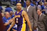 DALLAS, TX - MAY 06:  Guard Derek Fisher #2 of the Los Angeles Lakers leaves the court after a 98-92 loss against the Dallas Mavericks in Game Three of the Western Conference Semifinals during the 2011 NBA Playoffs on May 6, 2011 at American Airlines Center in Dallas, Texas.  NOTE TO USER: User expressly acknowledges and agrees that, by downloading and or using this photograph, User is consenting to the terms and conditions of the Getty Images License Agreement.  (Photo by Ronald Martinez/Getty Images)