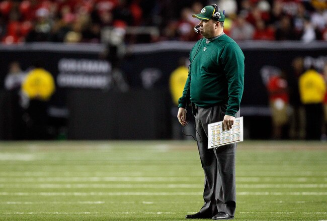 ATLANTA, GA - JANUARY 15:  Head coach Mike McCarthy of the Green Bay Packers looks on as he coaches against the Atlanta Falcons during their 2011 NFC divisional playoff game at Georgia Dome on January 15, 2011 in Atlanta, Georgia.  (Photo by Kevin C. Cox/Getty Images)