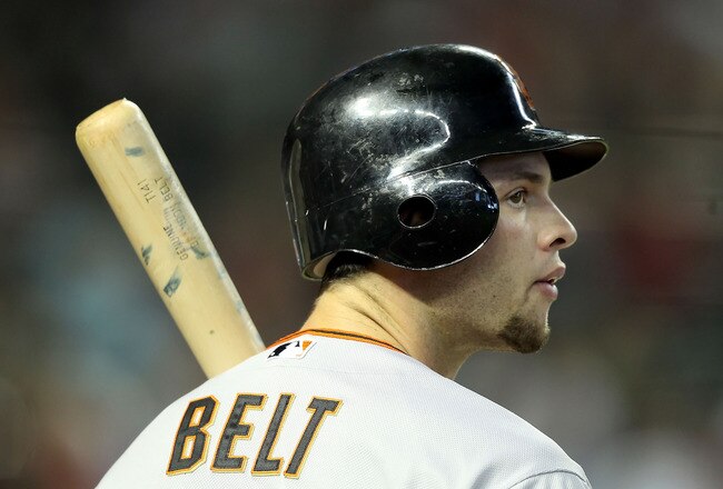PHOENIX, AZ - APRIL 17:  Brandon Belt #9 of the San Francisco Giants at bat during the Major League Baseball game against the Arizona Diamondbacks at Chase Field on April 17, 2011 in Phoenix, Arizona. The Diamondbacks defeated the Giants 6-5 in the twelfth inning  (Photo by Christian Petersen/Getty Images)