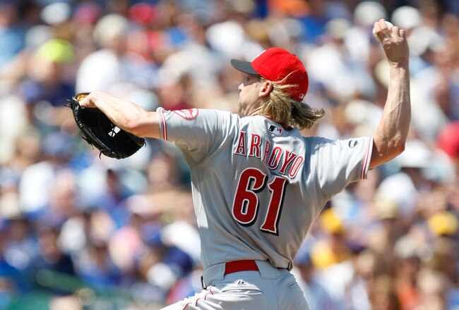 CHICAGO, IL - AUGUST 07: Bronson Arroyo #61 of the Cincinnati Reds pitches against the Chicago Cubs at Wrigley Field on August 7, 2011 in Chicago, Illinois. (Photo by Scott Boehm/Getty Images)