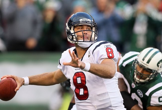 EAST RUTHERFORD, NJ - NOVEMBER 21:  Matt Schaub #8 of the Houston Texans in action against the New York Jets on November 21, 2010 at the New Meadowlands Stadium in East Rutherford, New Jersey.  (Photo by Jim McIsaac/Getty Images)