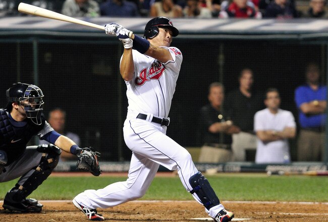 CLEVELAND, OH - AUGUST 11: Kosuke Fukudome #1 of the Cleveland Indians grounds out to second base for the final out of the game against the Detroit Tigers at Progressive Field on August 11, 2011 in Cleveland, Ohio. The Tigers defeated the Indians 4-3. (Photo by Jason Miller/Getty Images)