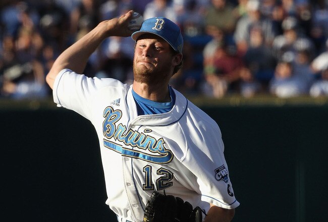 OMAHA, NE - JUNE 28:  Starting pitcher Gerrit Cole #12 of the UCLA Bruins pitches against the South Carolina Gamecocks during game 1 of the men's 2010 NCAA College Baseball World Series at Rosenblatt Stadium on June 28, 2010 in Omaha, Nebraska.  (Photo by Christian Petersen/Getty Images)