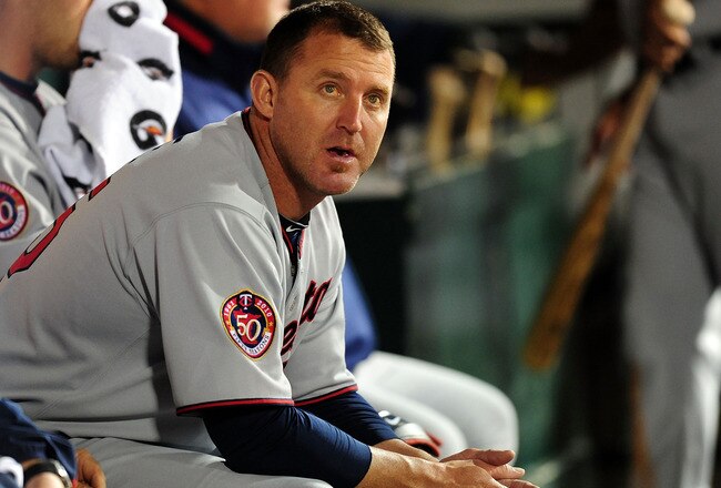 ANAHEIM, CA - APRIL 06:  Jim Thome #25 of the Minnesota Twins sits in the dugout as they play against the Los Angeles Angels of Anaheim on April 6, 2010 at the Angel Stadium of Anaheim in Anaheim, California.  (Photo by Jacob de Golish/Getty Images)