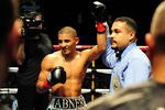 LOS ANGELES - AUGUST 27:  Abner Mares celebrates his victory against opponent Carlos Fulgencio on August 27, 2009 in Los Angeles, California.  (Photo by Jacob de Golish/Getty Images)