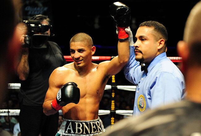 LOS ANGELES - AUGUST 27:  Abner Mares celebrates his victory against opponent Carlos Fulgencio on August 27, 2009 in Los Angeles, California.  (Photo by Jacob de Golish/Getty Images)
