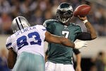 ARLINGTON, TX - DECEMBER 12:  Quarterback Michael Vick #7 of the Philadelphia Eagles drops back to pass against Anthony Spencer #93 of the Dallas Cowboys at Cowboys Stadium on December 12, 2010 in Arlington, Texas.  (Photo by Ronald Martinez/Getty Images)