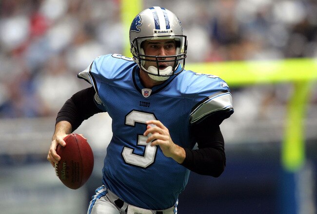 IRVING, TX - NOVEMBER 20:  Quarterback Joey Harrington #3 of the Detroit Lions scrambles out of the pocket against the Dallas Cowboys on November 20, 2005 at Texas Stadium in Irving, Texas.  (Photo by Ronald Martinez/Getty Images)