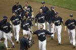 MILWAUKEE, WI - AUGUST 16: Mark Kotsay #25 of the Milwaukee Brewers celebrates after hitting the game winning RBI single against the Los Angeles Dodgers in the ninth inning at a Major League Baseball game at Miller Park Stadium on August 16, 2011 in Milwaukee, Wisconsin.  Brewers beat the dodgers 2-1. (Photo by Darren Hauck/Getty Images)
