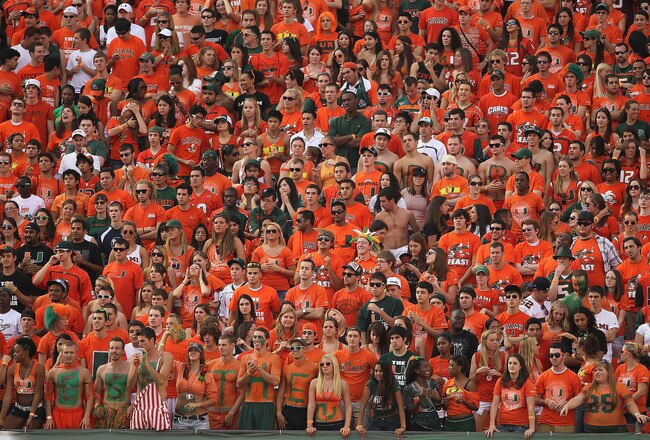 MIAMI - NOVEMBER 20:  The Miami Hurricanes student section cheers during a game against the Virginia Tech Hokies at Sun Life Stadium on November 20, 2010 in Miami, Florida.  (Photo by Mike Ehrmann/Getty Images)