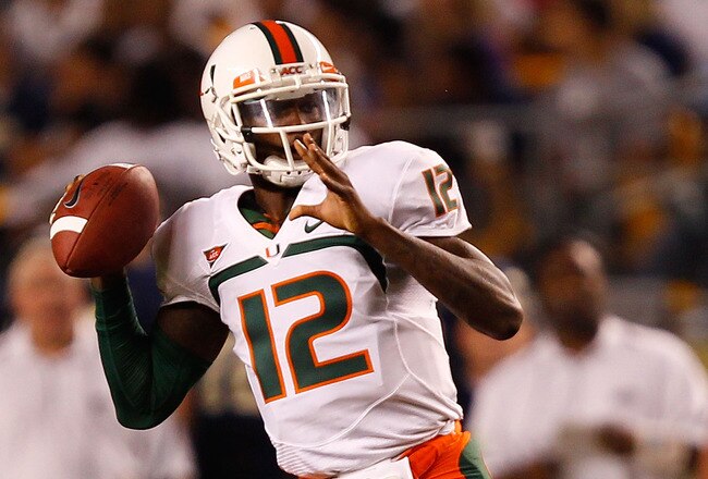 PITTSBURGH - SEPTEMBER 23:  Jacory Harris #12 of the Miami Hurricanes drops back to pass against the Pittsburgh Panthers on September 23, 2010 at Heinz Field in Pittsburgh, Pennsylvania.  (Photo by Jared Wickerham/Getty Images)