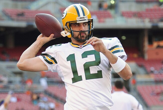 CLEVELAND, OH - AUGUST 13: Starting quarterback Aaron Rodgers #12 of the Green Bay Packers warms up prior to the game between the Cleveland Browns and the Green Bay Packers at Cleveland Browns Stadium on August 13, 2011 in Cleveland, Ohio. (Photo by Jason Miller/Getty Images)