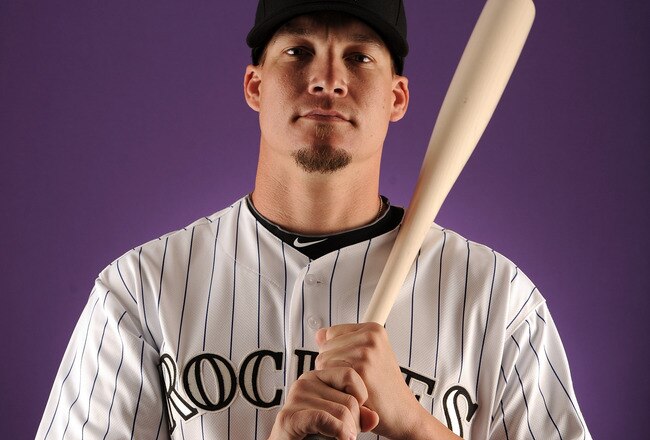 SCOTTSDALE, AZ - FEBRUARY 24:  Mike Jacobs #35 of the Colorado Rockies poses for a portrait during photo day at the Salt River Fields at Talking Stick on February 24, 2011 in Scottsdale, Arizona.  (Photo by Harry How/Getty Images)