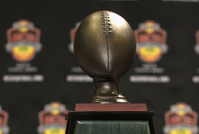 SCOTTSDALE, AZ - JANUARY 11:  Detail of the  Football Writers of America trophy before being presented to head coach Gene Chizik (not pictured) of the Auburn Tigers during a press conference for the Tostitos BCS National Championship Game at the JW Marriott Camelback Inn on January 11, 2011 in Scottsdale, Arizona.  (Photo by Christian Petersen/Getty Images)