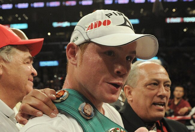LOS ANGELES, CA - SEPTEMBER 18:  Saul Alvarez of Mexico celebrates his knockout of Carlos Baldomir of Argentina during the sixth round in the WBC Super Welterweight Silver Title fight at Staples Center on September 18, 2010 in Los Angeles, California.  (Photo by Harry How/Getty Images)