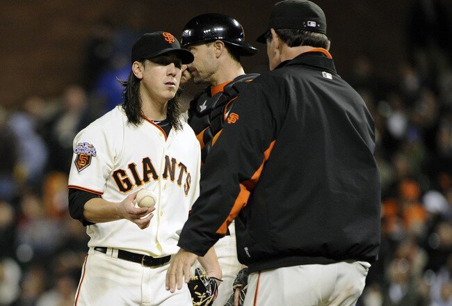 SAN FRANCISCO, CA - AUGUST 29: Tim Lincecum #55 of the San Francisco Giants gives the ball to manager Bruce Bochy #16 against the Chicago Cubs in the seventh inning during an MLB baseball game at AT&T Park August 29, 2011 in San Francisco, California. The Cubs won the game 6-0. (Photo by Thearon W. Henderson/Getty Images)