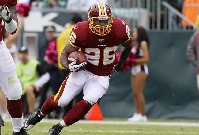 PHILADELPHIA - OCTOBER 03:  Clinton Portis #26 of the Washington Redskins runs the ball against the Philadelphia Eagles on October 3, 2010 at Lincoln Financial Field in Philadelphia, Pennsylvania.  (Photo by Jim McIsaac/Getty Images)