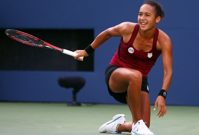 NEW YORK, NY - AUGUST 29:  Heather Watson of Great Britian reacts while playing against Maria Sharapova of Russia during Day One of the 2011 US Open at the USTA Billie Jean King National Tennis Center on August 29, 2011 in the Flushing neighborhood of the Queens borough of New York City.  (Photo by Julian Finney/Getty Images)