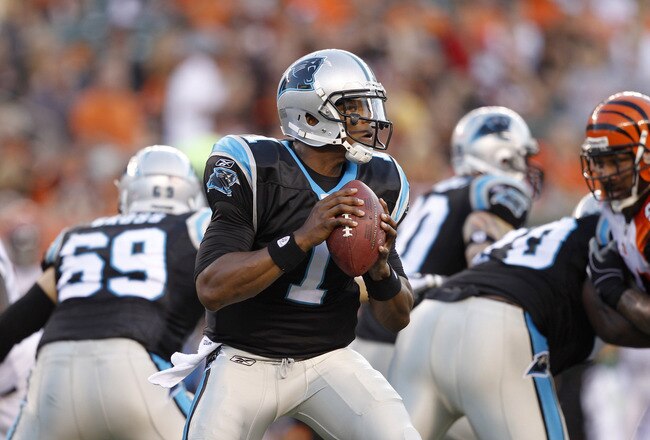 CINCINNATI, OH - AUGUST 25: Cam Newton #1 of the Carolina Panthers looks to pass in the first half of an NFL preseason game against the Cincinnati Bengals at Paul Brown Stadium on August 25, 2011 in Cincinnati, Ohio. (Photo by Joe Robbins/Getty Images)
