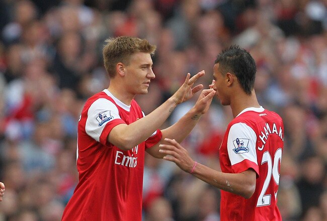 LONDON, ENGLAND - OCTOBER 16: Nicklas Bendtner of Arsenal comes on to replace Marouane Chamakh during the Barclays Premier League match between Arsenal and Birmingham City at Emirates Stadium on October 16, 2010 in London, England.  (Photo by Clive Rose/Getty Images)