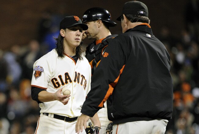 SAN FRANCISCO, CA - AUGUST 29: Tim Lincecum #55 of the San Francisco Giants gives the ball to manager Bruce Bochy #16 against the Chicago Cubs in the seventh inning during an MLB baseball game at AT&T Park August 29, 2011 in San Francisco, California. The Cubs won the game 6-0. (Photo by Thearon W. Henderson/Getty Images)