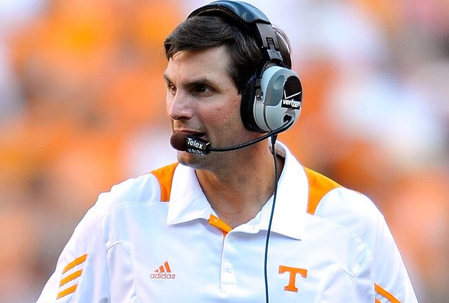 KNOXVILLE, TN - SEPTEMBER 18:  Coach Derek Dooley of the Tennessee Volunteers watches his team in action against the Florida Gators  at Neyland Stadium on September 18, 2010 in Knoxville, Tennessee. Florida won 31-17.  (Photo by Grant Halverson/Getty Images)