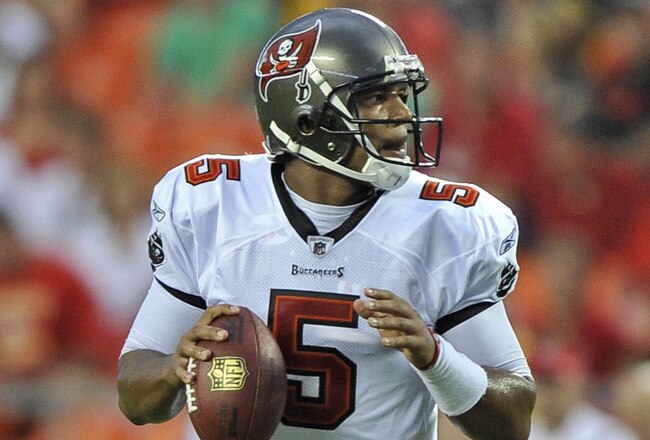 KANSAS CITY, MO - AUGUST 12:  Quarterback Josh Freeman #5 of the Tampa Bay Buccaneers in action during a game against the Kansas City Chiefs on August 12, 2011 at Arrowhead Stadium in Kansas City, Missouri.  (Photo by Peter Aiken/Getty Images)