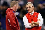 NEW ORLEANS, LA - JANUARY 04:  (L-R) Head coach Bobby Petrino of the Arkansas Razorbacks talks with head coach Jim Tressel of the Ohio State Buckeyes before the Allstate Sugar Bowl at the Louisiana Superdome on January 4, 2011 in New Orleans, Louisiana.  (Photo by Kevin C. Cox/Getty Images)