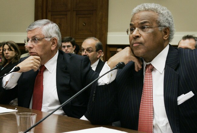 WASHINGTON - MAY 18:  David Stern (L), Commissioner of the National Basketball Association, and Billy Hunter, executive director of the National Basketball Players Association, listen to questions directed to them during a House Subcommittee on Commerce and Consumer Protection hearing on Capitol Hill May 18, 2005 in Washington, DC. The subcommittee is hearing testimony on the use of steroids in professional sports.  (Photo by Mark Wilson/Getty Images)