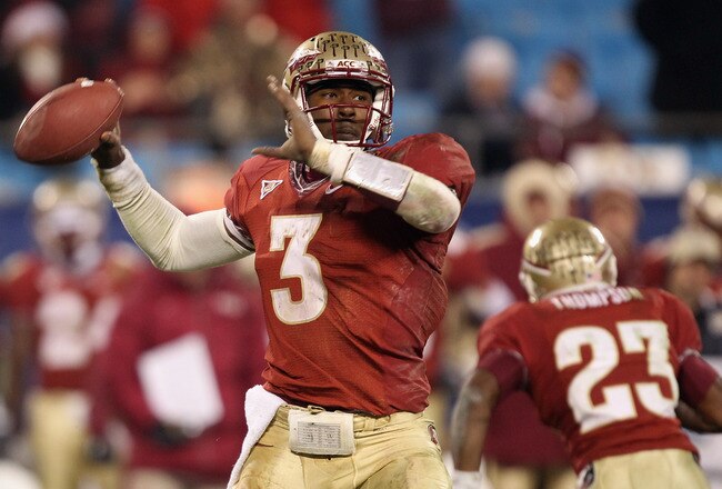 CHARLOTTE, NC - DECEMBER 04:  EJ Manuel #3 of the Florida State Seminoles against the Virginia Tech Hokies during their game at Bank of America Stadium on December 4, 2010 in Charlotte, North Carolina.  (Photo by Streeter Lecka/Getty Images)