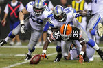 CLEVELAND, OH - AUGUST 19: Bobby Carpenter #59 Ashlee Palmer #58 of the Detroit Lions and Armond Smith #35 of the Cleveland Browns dive for a loose ball during the third quarter at Cleveland Browns Stadium on August 19, 2011 in Cleveland, Ohio. The Tigers defeated the Browns 30-28. (Photo by Jason Miller/Getty Images)