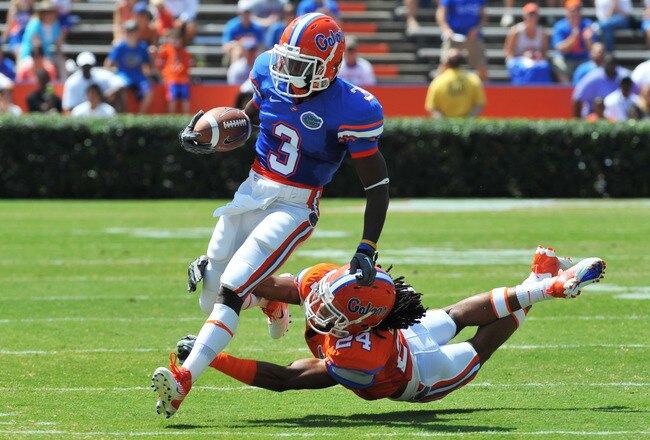 GAINESVILLE, FL - APRIL 9:  Running back Chris Rainey #3 of the Florida Gators runs upfield during the Orange and Blue spring football game April 9, 2010 Ben Hill Griffin Stadium in Gainesville, Florida.  (Photo by Al Messerschmidt/Getty Images)
