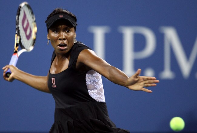 NEW YORK, NY - AUGUST 29:  Venus Williams of the United States returns the ball against Vesna Dolonts of Russia during Day One of the 2011 US Open at the USTA Billie Jean King National Tennis Center on August 29, 2011 in the Flushing neighborhood of the Queens borough of New York City.  (Photo by Julian Finney/Getty Images)
