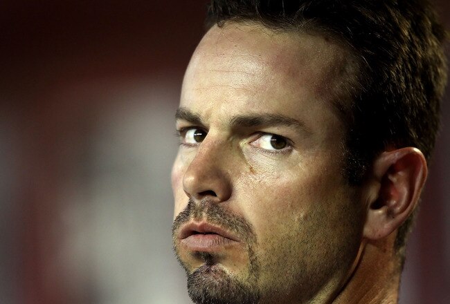 PHOENIX, AZ - APRIL 17:  Aaron Rowand #33 of the San Francisco Giants in the dugout during the Major League Baseball game against the Arizona Diamondbacks at Chase Field on April 17, 2011 in Phoenix, Arizona. The Diamondbacks defeated the Giants 6-5 in the twelfth inning.  (Photo by Christian Petersen/Getty Images)