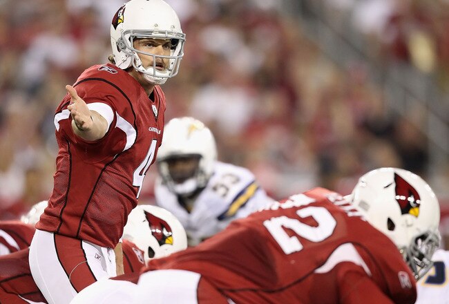 GLENDALE, AZ - AUGUST 27:  Quarterback Kevin Kolb #4 of the Arizona Cardinals prepares to snap the ball during the preseason NFL game against the San Diego Chargers at the University of Phoenix Stadium on August 27, 2011 in Glendale, Arizona.  The Chargers defeated the Cardinals 34-31.  (Photo by Christian Petersen/Getty Images)