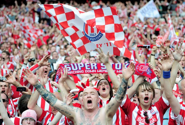 LONDON, ENGLAND - APRIL 17:  Stoke City fans celebrate their team winning at the final whistle during the FA Cup sponsored by E.ON semi final match between Bolton Wanderers and Stoke City at Wembley Stadium on April 17, 2011 in London, England.  (Photo by Jamie McDonald/Getty Images)