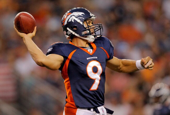 DENVER, CO - AUGUST 20:  Quarterback Brady Quinn #9 of the Denver Broncos throws against the Buffalo Bills during the third quarter at Sports Authority Field at Mile High on August 20, 2011 in Denver, Colorado. (Photo by Justin Edmonds/Getty Images)