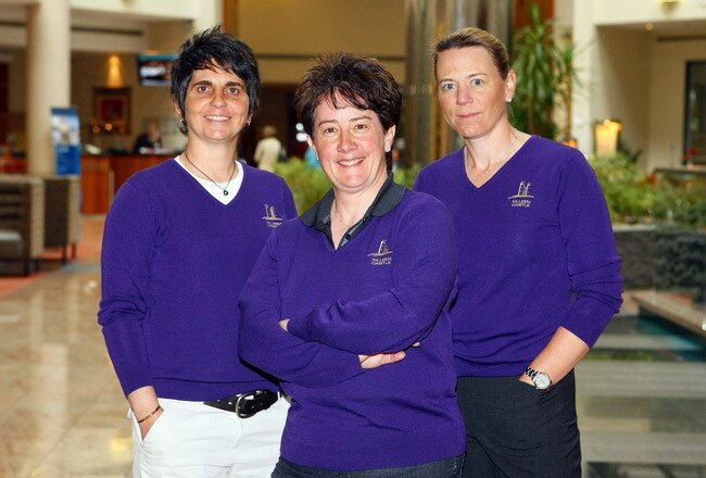 LONDON - MAY 13:  Alison Nicholas (C) the 2011 European Solheim Cup Captain (C) poses with her two newly appointed vice-captains Joanne Morley (L) and Annika Sorenstam (R) at Gatwick Airport on May 13, 2010 in London, England. (Photo by Tom Dulat/Getty Images)