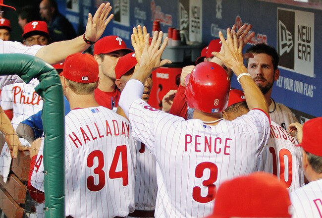 PHILADELPHIA , PA - AUGUST 17:  Hunter Pence #3 of the Philadelphia Phillies celebrates a second inning run with his teammates against the Arizona Diamondbacks at Citizens Bank Park on August 17, 2011 in Philadelphia, Pennsylvania. The Phillies defeated the Diamondbacks 9-2.  (Photo by Len Redkoles/Getty Images)