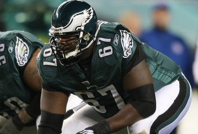 PHILADELPHIA - DECEMBER 20: Jamaal Jackson #67 of the Philadelphia Eagles Eagles lines up against the San Francisco 49ers at Lincoln Financial Field on December 20, 2009 in Philadelphia, Pennsylvania.  (Photo by Nick Laham/Getty Images)