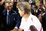 TUSCALOOSA, AL - SEPTEMBER 11:  Head coach Joe Paterno of the Penn State Nittany Lions congratulates head coach Nick Saban of the Alabama Crimson Tide during after their 24-3 loss at Bryant-Denny Stadium on September 11, 2010 in Tuscaloosa, Alabama.  (Photo by Kevin C. Cox/Getty Images)